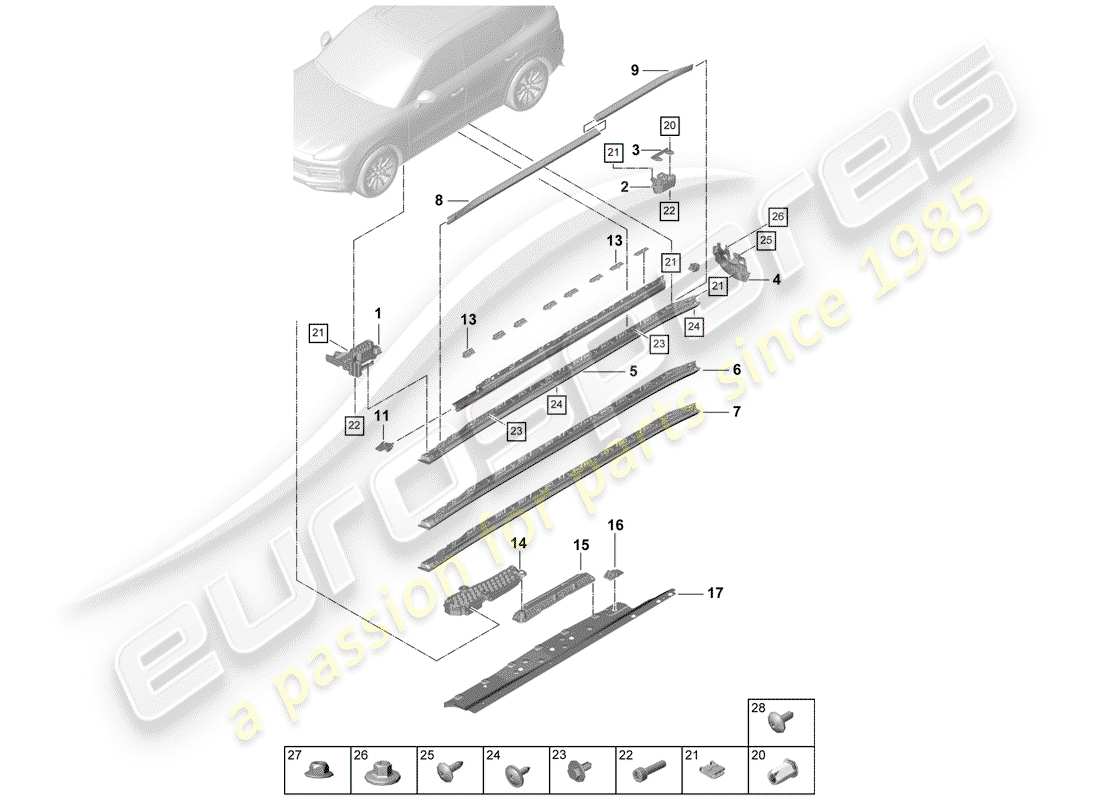 porsche 2020 (cayenne e3 9ya/9yb) moldura de larguero diagrama de piezas