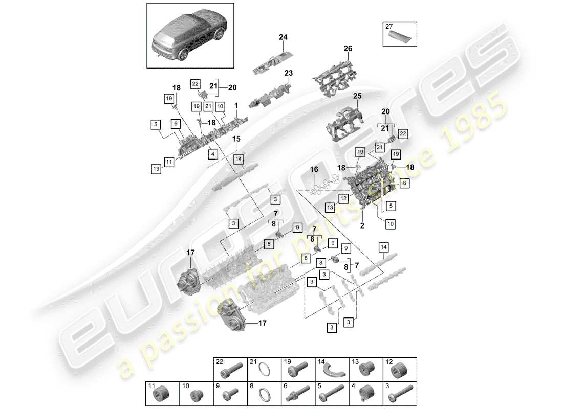 porsche 2020 (cayenne e3 9ya/9yb) cubierta de tapa de cilindro diagrama de piezas