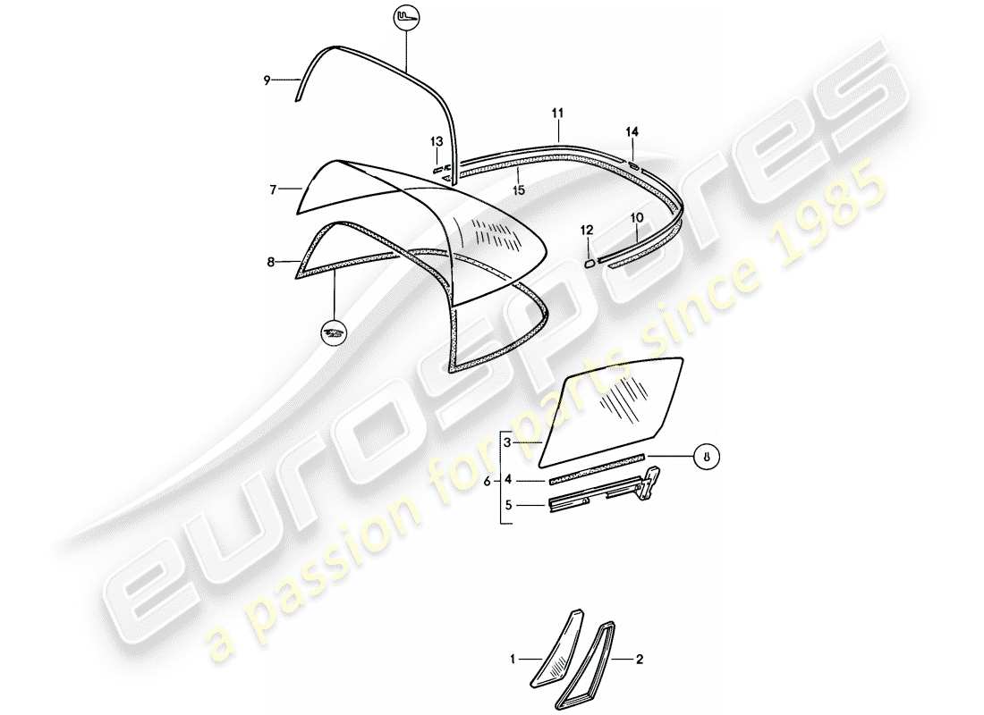 porsche 1986 (911) acristalamiento de ventanas diagrama de piezas