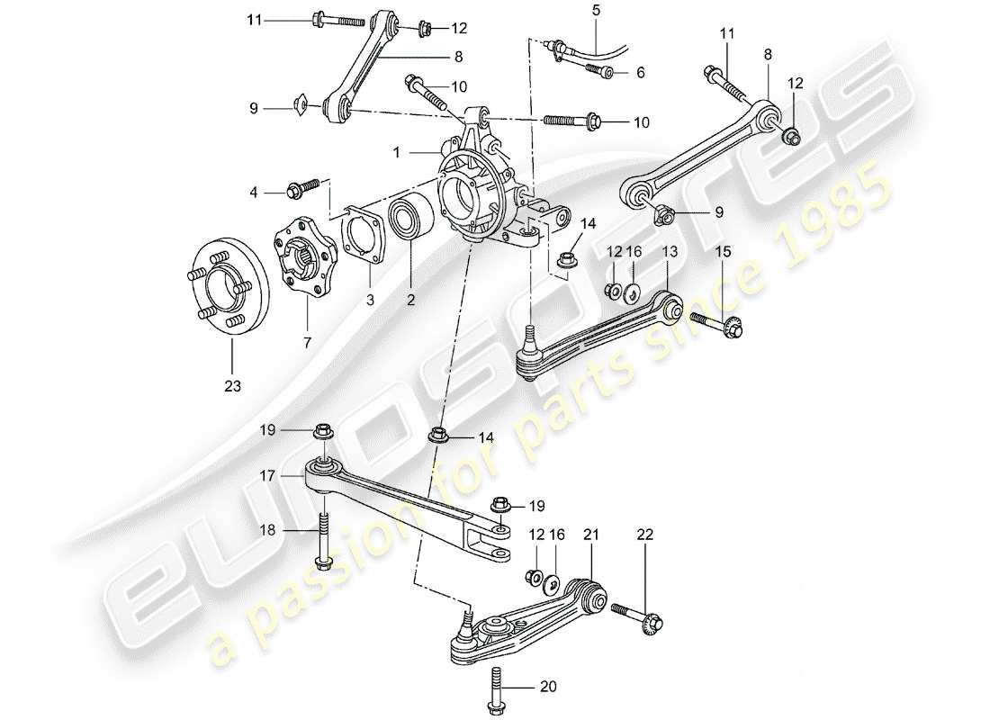 porsche 2001 (996) eje trasero - porta rueda - enlace superior - cubo de rueda diagrama de piezas