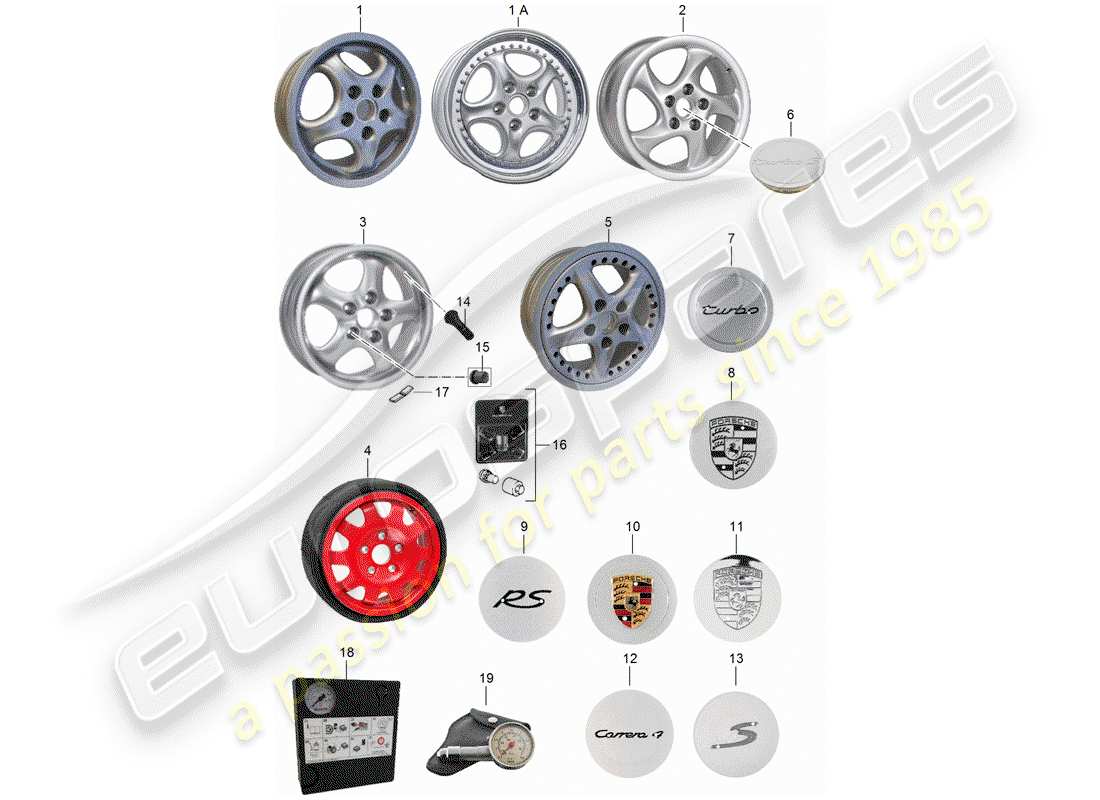 porsche 1998 (993) rueda de aleación diagrama de piezas