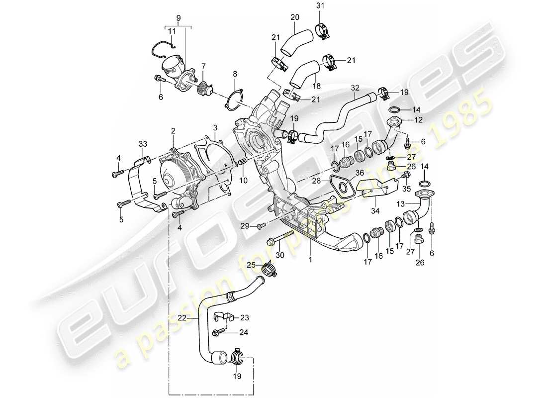 porsche 2009 997-2 turbo / gt2 diagrama de piezas de la bomba de agua