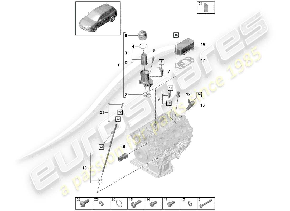 porsche 2019 (cayenne e3 9ya/9yb) diagrama de piezas del filtro de aceite