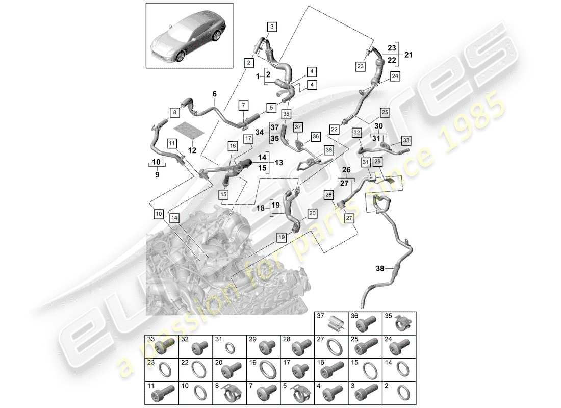 porsche 2020 (panamera 971-1) diagrama de piezas de refrigeración por agua