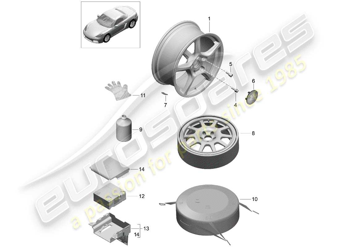 porsche 718 boxster (2019) diagrama de piezas de la rueda de aleación