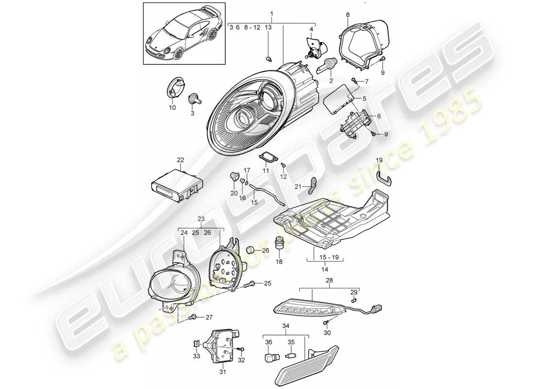 porsche 2013 (997-2 turbo / gt2 rs) diagrama de piezas del faro