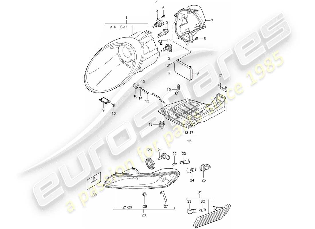 porsche 2005 (997-1) diagrama de piezas del faro