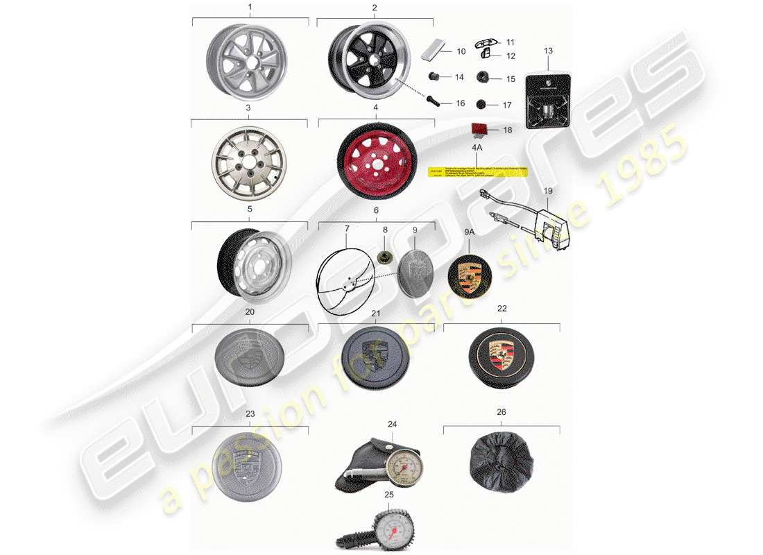 porsche 1972 (911) ruedas diagrama de piezas