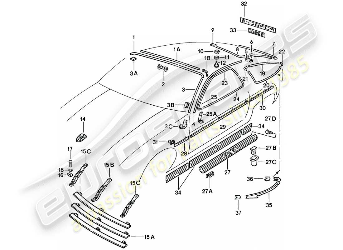 porsche 1983 (928) tira de cobertura - accesorios decorativos - inscripción esquema de piezas
