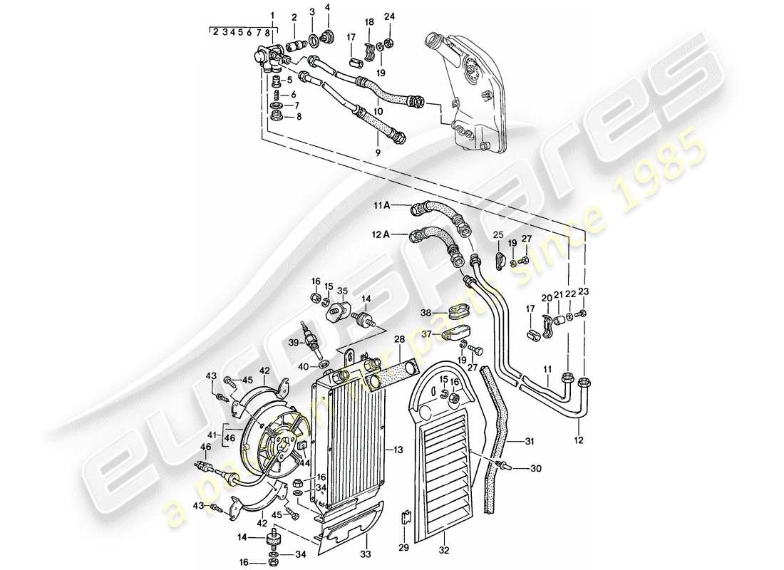 porsche 1986 (911) lubricación del motor - enfriador de aceite diagrama de piezas
