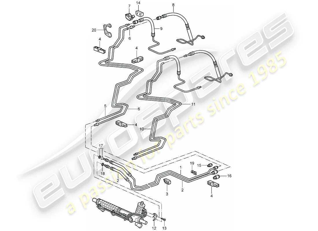 porsche 2005 (996 turbo / gt2) dirección asistida - líneas diagrama de piezas