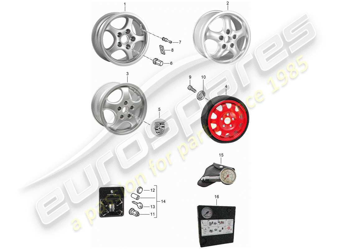 porsche 1992 (968) rueda de aleación diagrama de piezas