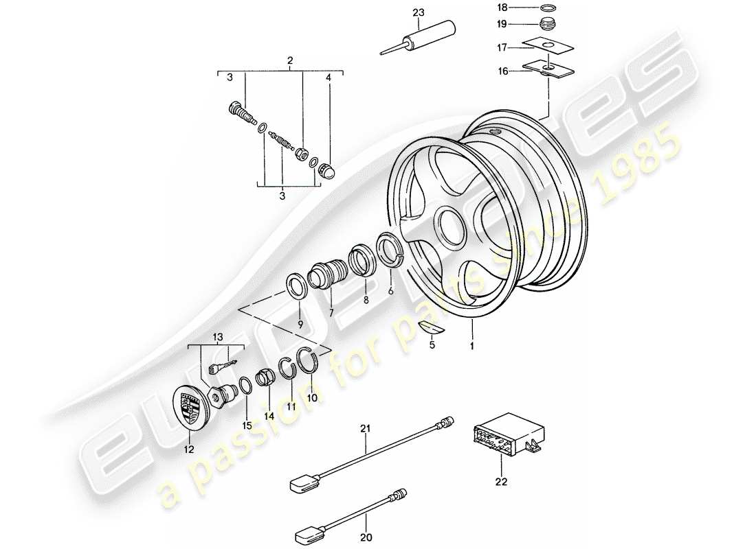 porsche 1987 (959) ruedas - neumáticos - sistema de control de presión de neumáticos diagrama de piezas