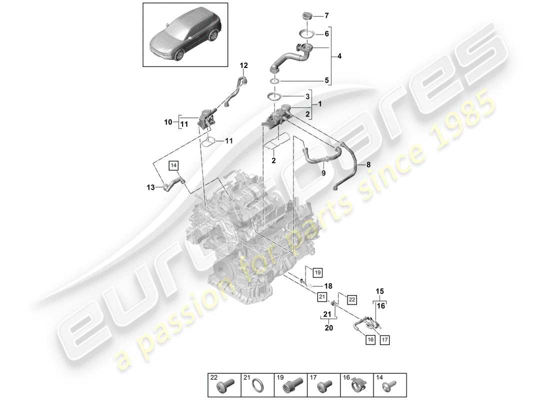 porsche 2020 (cayenne e3 9ya/9yb) ventilación para bloque de cilindros diagrama de piezas