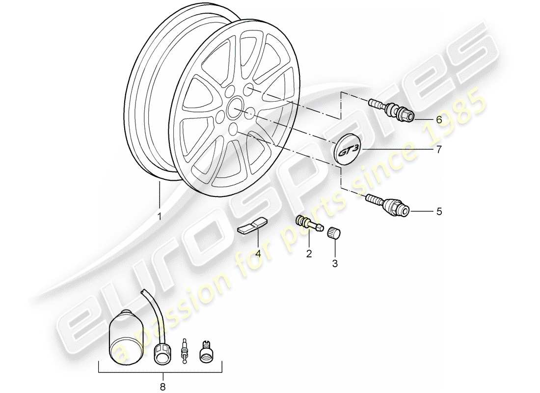porsche 2007 (997-1 gt3) diagrama de piezas de ruedas