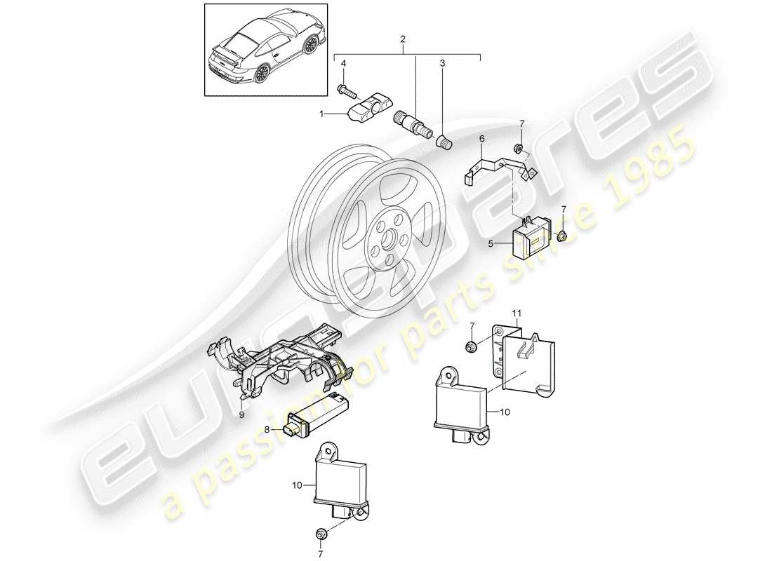 porsche 2007 (997-1 gt3) sistema de control de presión de neumáticos diagrama de piezas