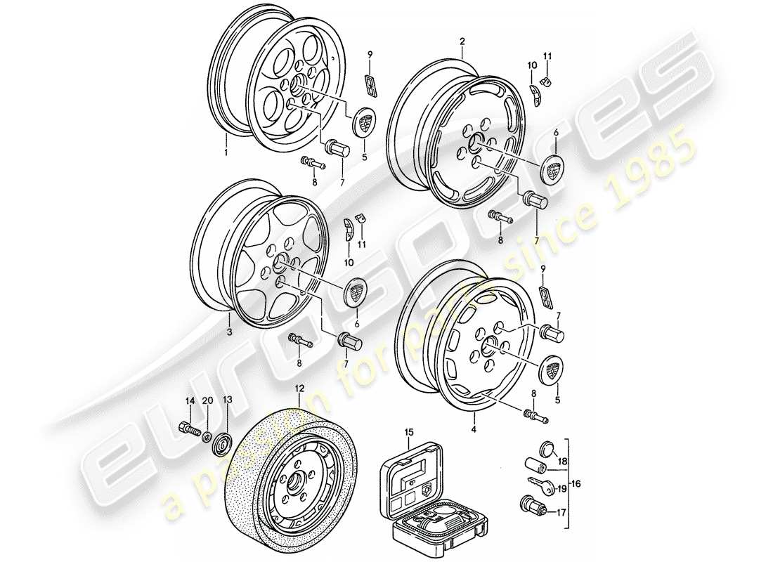 porsche 1989 (944) diagrama de piezas de la rueda de disco