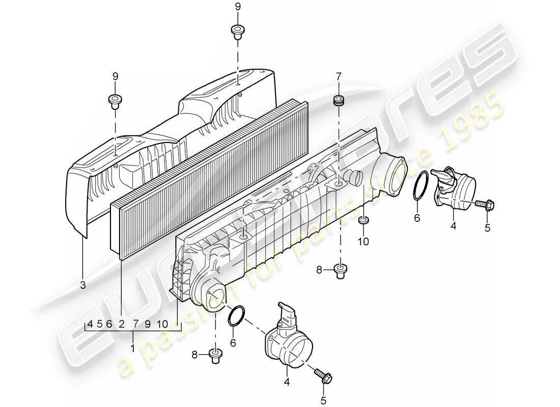 porsche 2009 997-2 turbo / gt2 diagrama de piezas del limpiador de aire