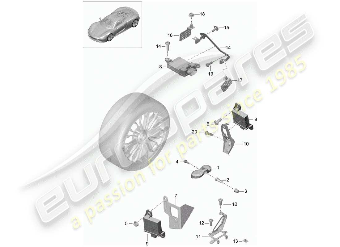porsche 2015 (918 spyder) sistema de control de presión de neumáticos diagrama de piezas