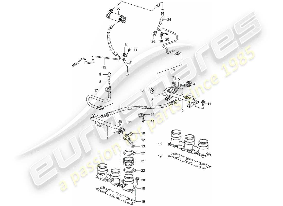 porsche 2005 (996 turbo / gt2) tubo de recogida de combustible diagrama de piezas