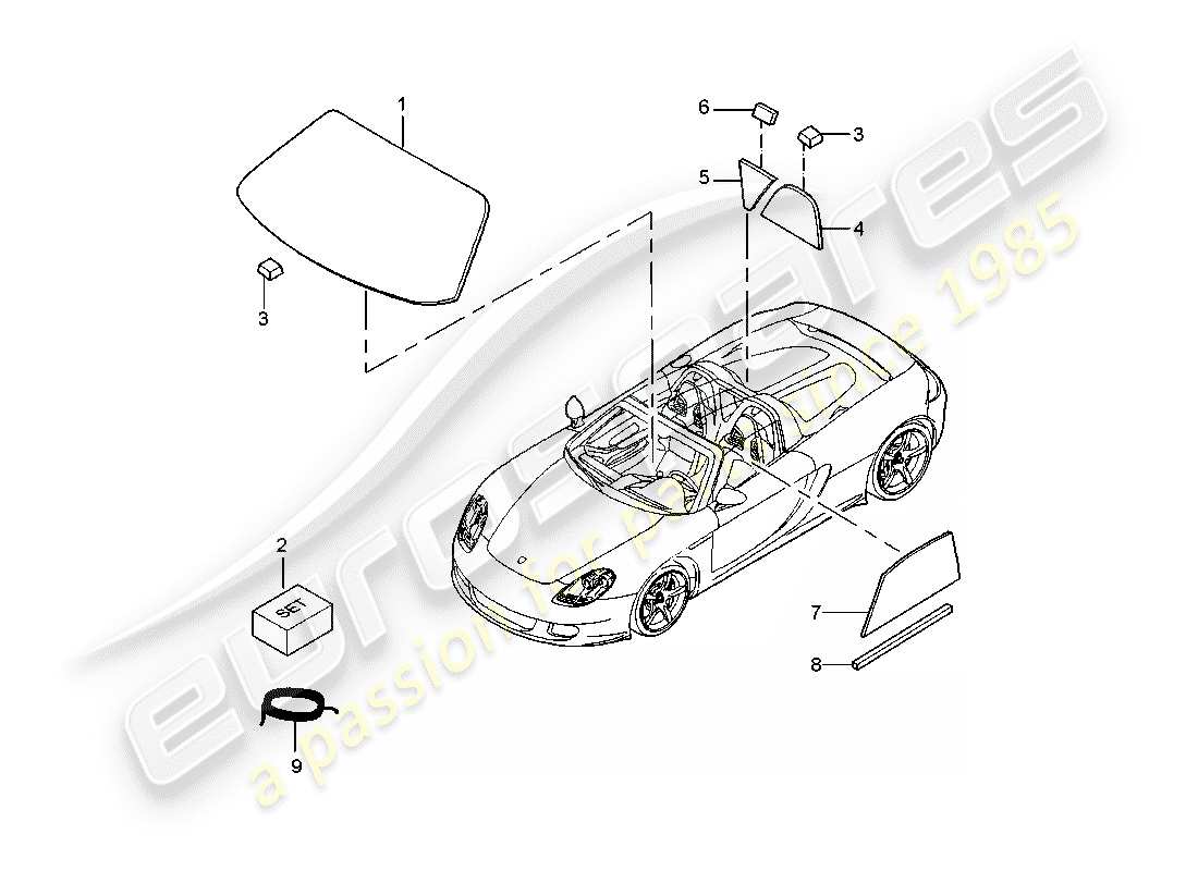 porsche 2004 (carrera gt) acristalamiento de ventanas diagrama de piezas