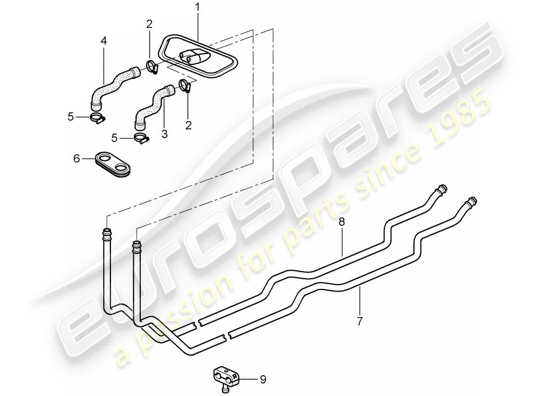 porsche 1997 (986 boxster) calentador - tubo de suministro - línea de retorno diagrama de piezas