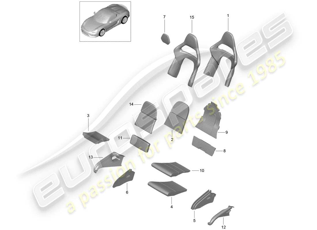 porsche 2016 (981 boxster spyder) diagrama de piezas de la pieza de espuma