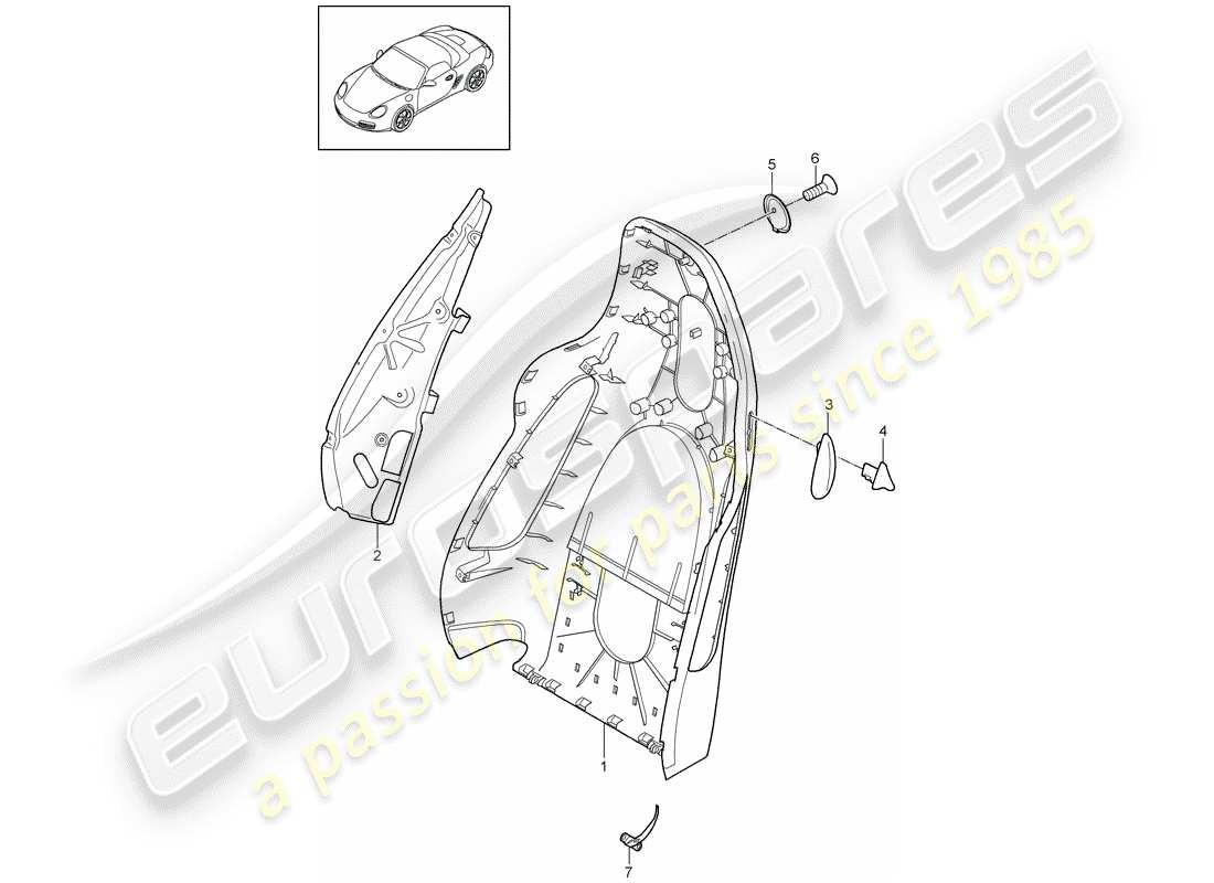 porsche 2010 (987 boxster) diagrama de piezas de la carcasa del respaldo