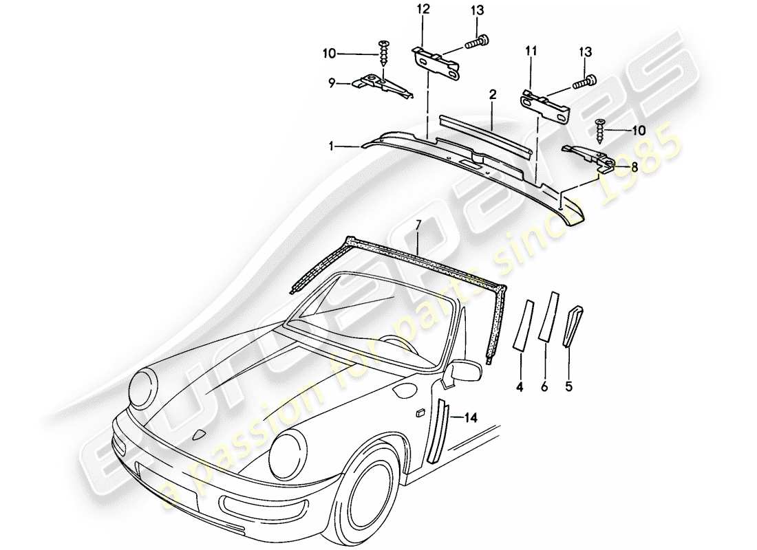porsche 1989 (911) marco del parabrisas - accesorios diagrama de piezas