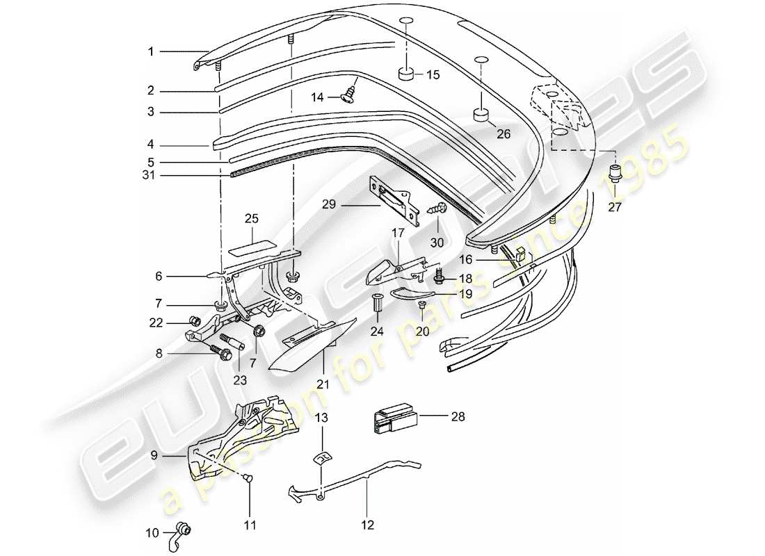 porsche 2002 (996 turbo / gt2) caja de almacenaje superior - tapa - juntas diagrama de piezas