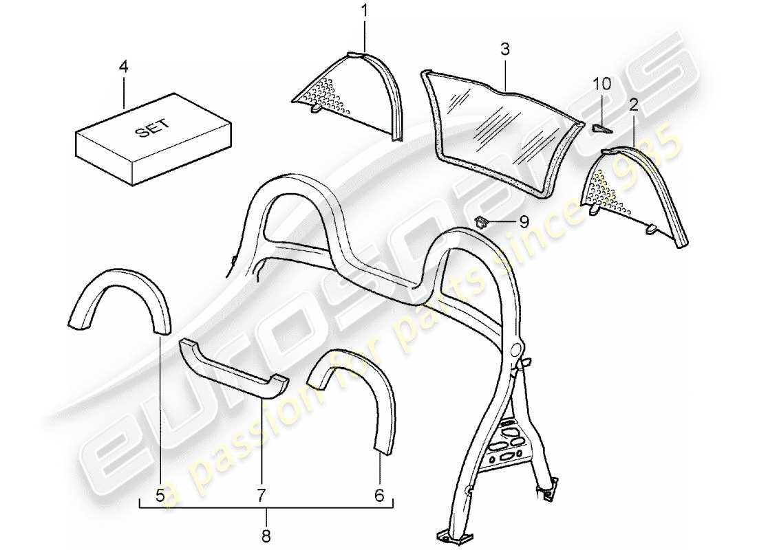 porsche 2003 (986 boxster) parabrisas - y - embellecedores - barra antivuelco diagrama de piezas