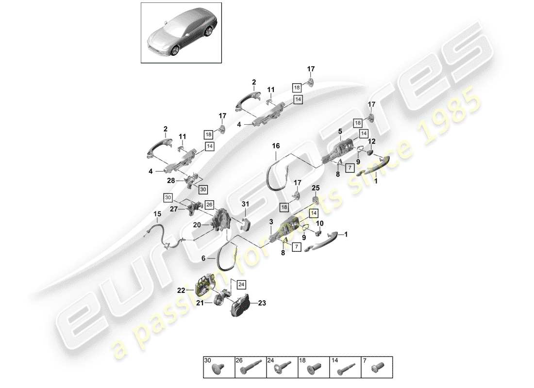 porsche 2020 (panamera 971-1) manija de puerta exterior diagrama de piezas