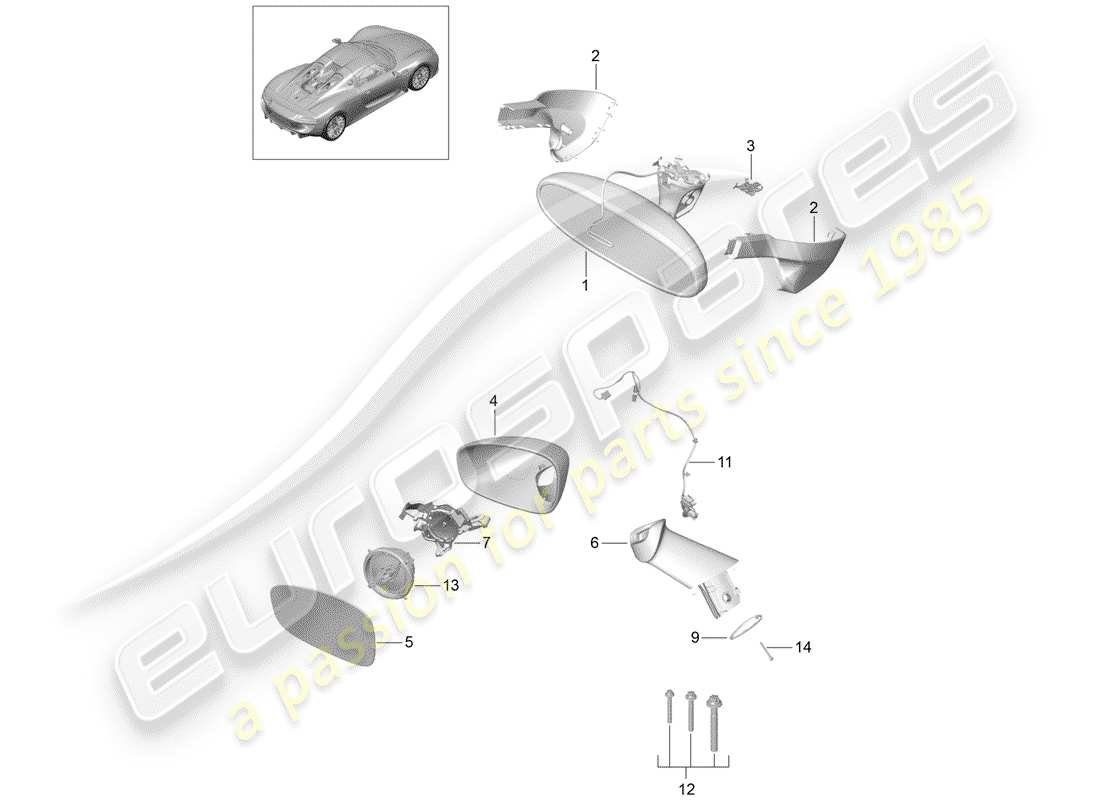 porsche 918 spyder (2015) diagrama de pieza interior del espejo retrovisor