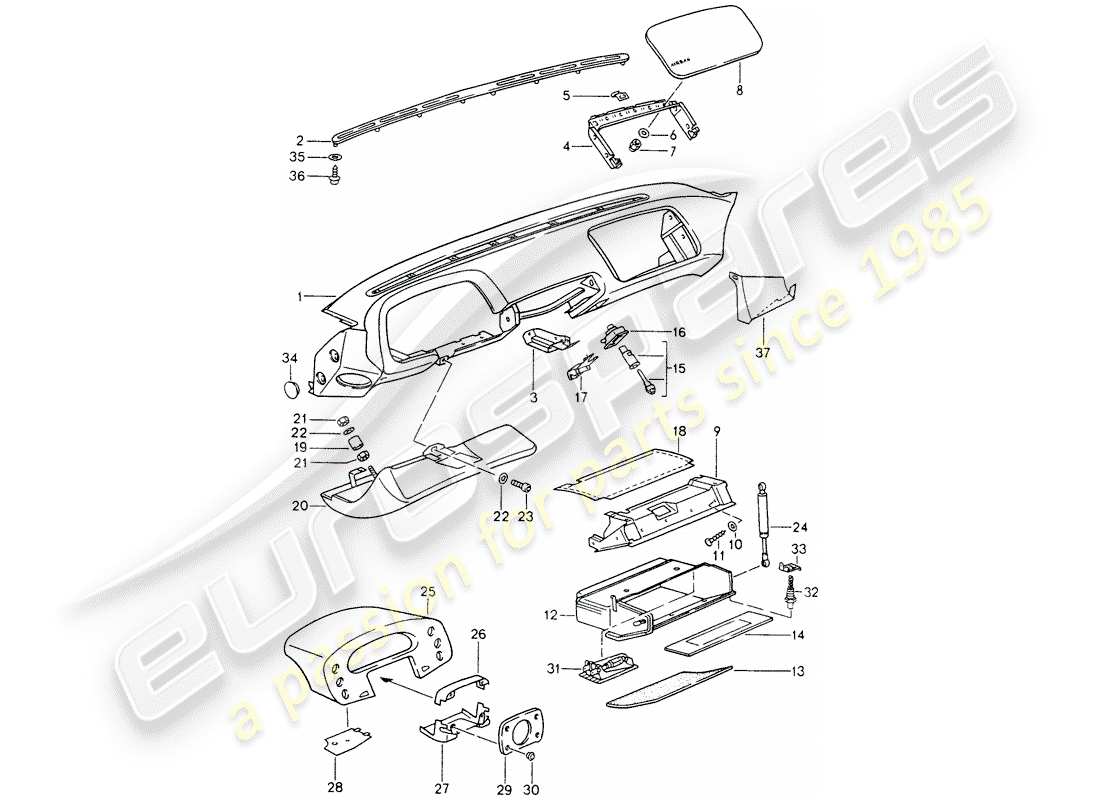 porsche 1994 (928) acabado del panel de salpicadero - para vehículos con - airbag - (lado del pasajero) diagrama de piezas