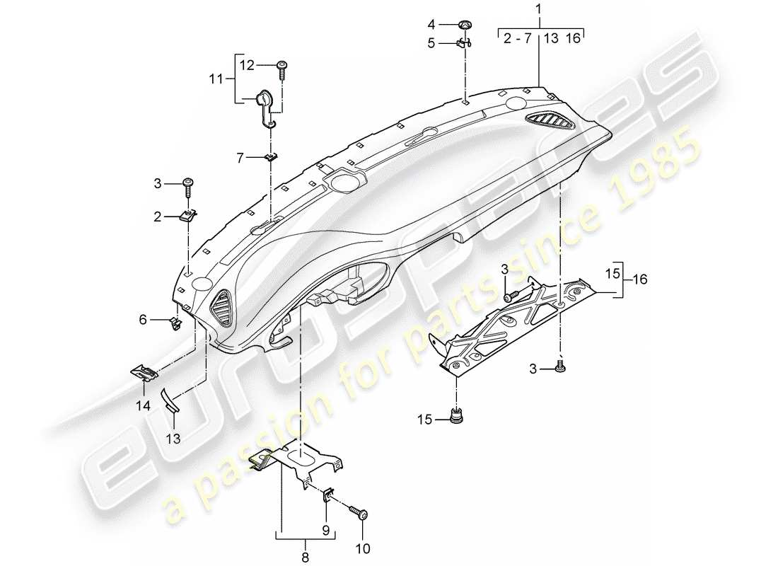 porsche 2009 997-2 turbo / gt2 diagrama de piezas del embellecedor del panel de instrumentos