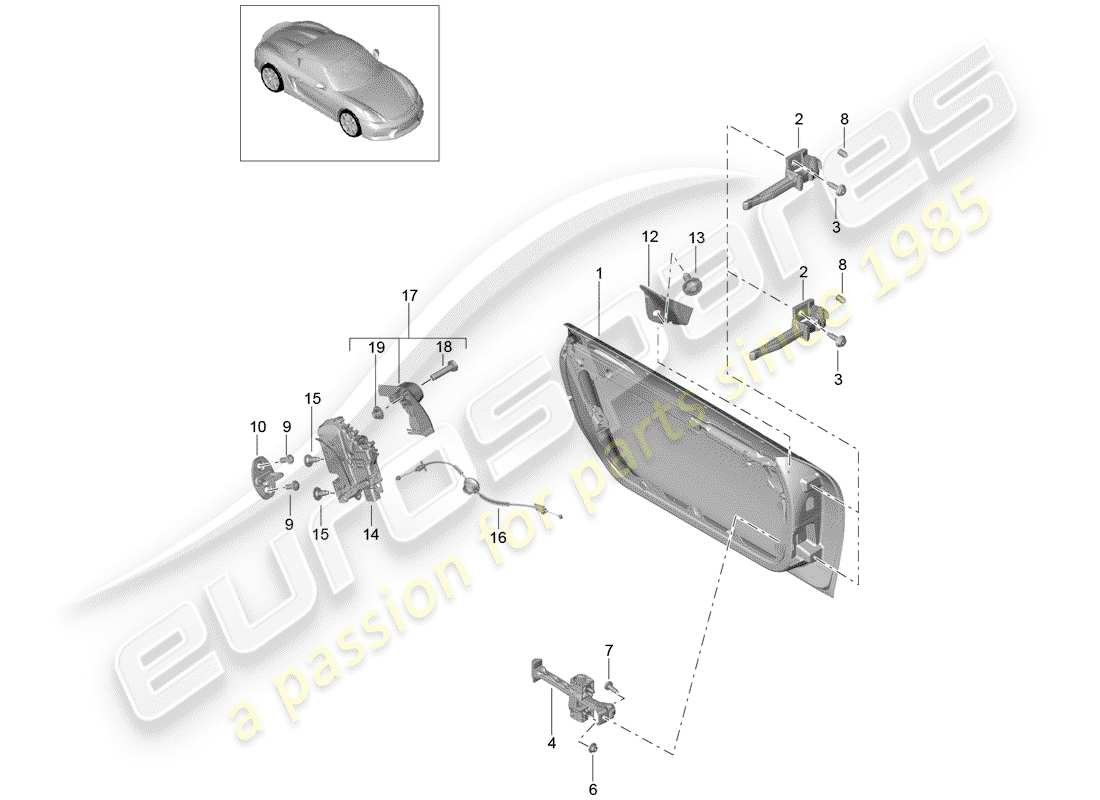 porsche 2016 (981 boxster spyder) diagrama de piezas de la carcasa de la puerta