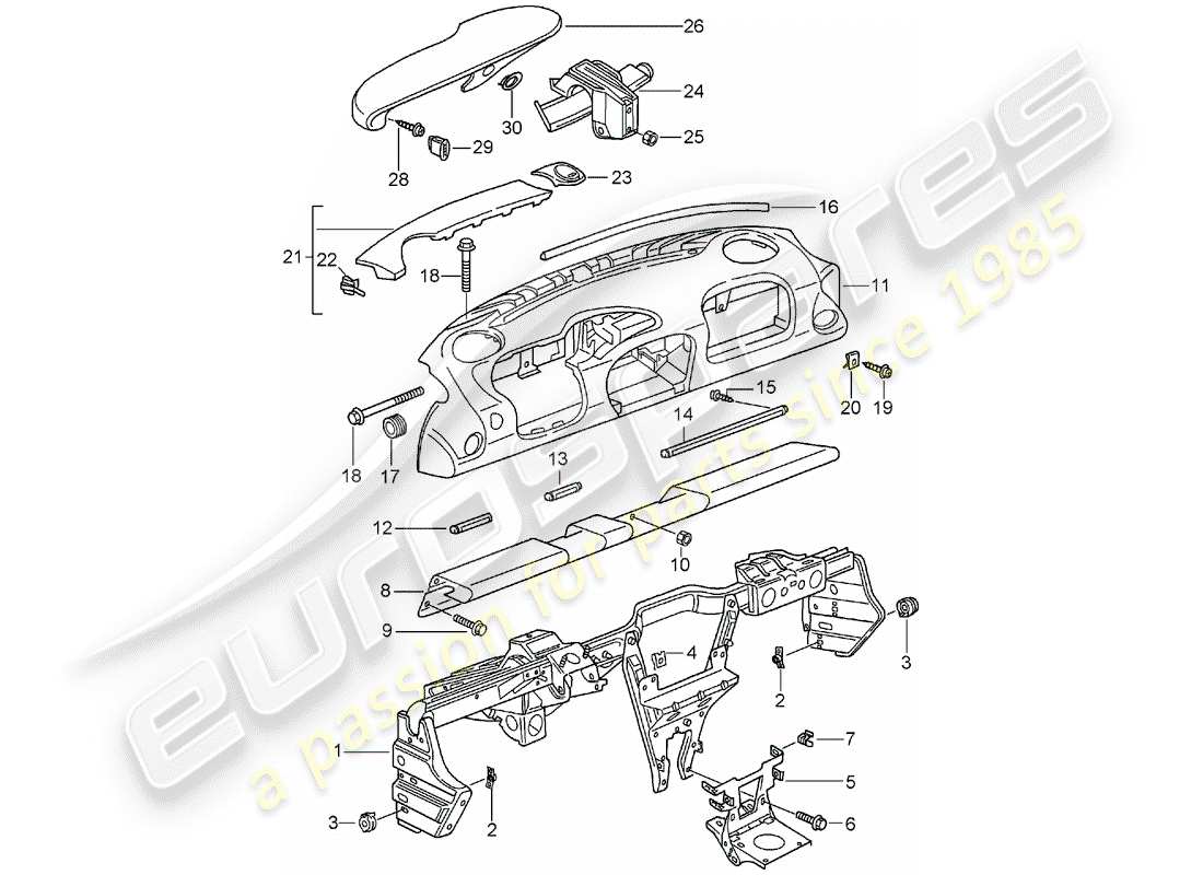 porsche 2001 (996 turbo / gt2) acabado del panel de tablero - con: - marco de retención diagrama de piezas
