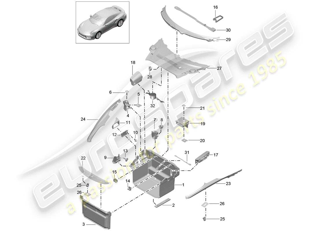 porsche 991 turbo (2020) forro de bota diagrama de piezas