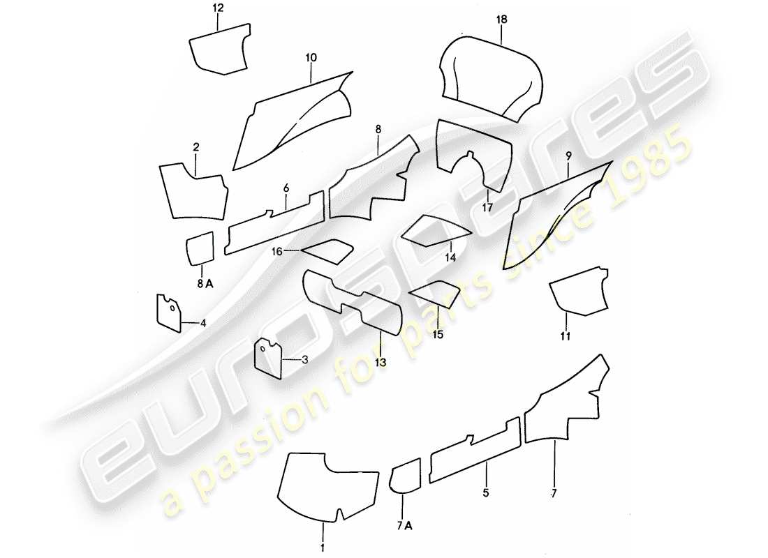 porsche 1988 (911) equipamiento interior - alfombra adhesiva diagrama de piezas