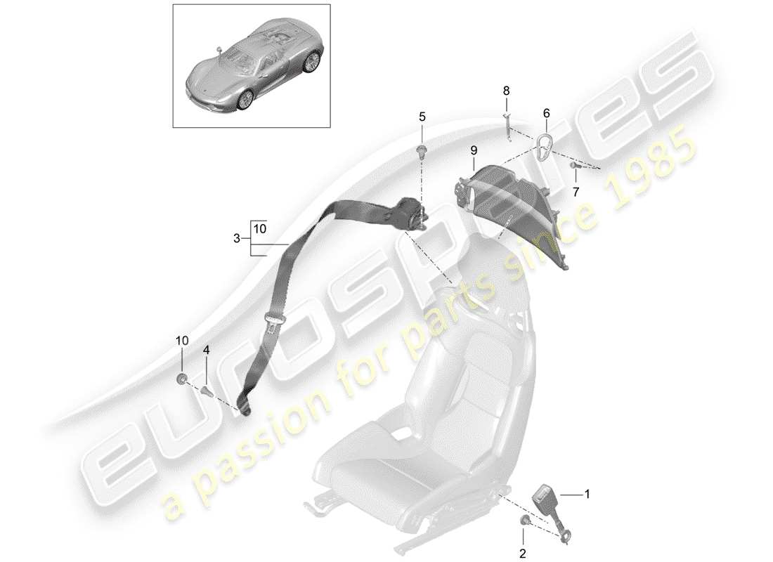 porsche 2015 (918 spyder) cinturón de seguridad diagrama de piezas