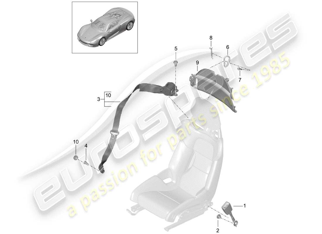 porsche 918 spyder (2015) diagrama de piezas del cinturón de seguridad