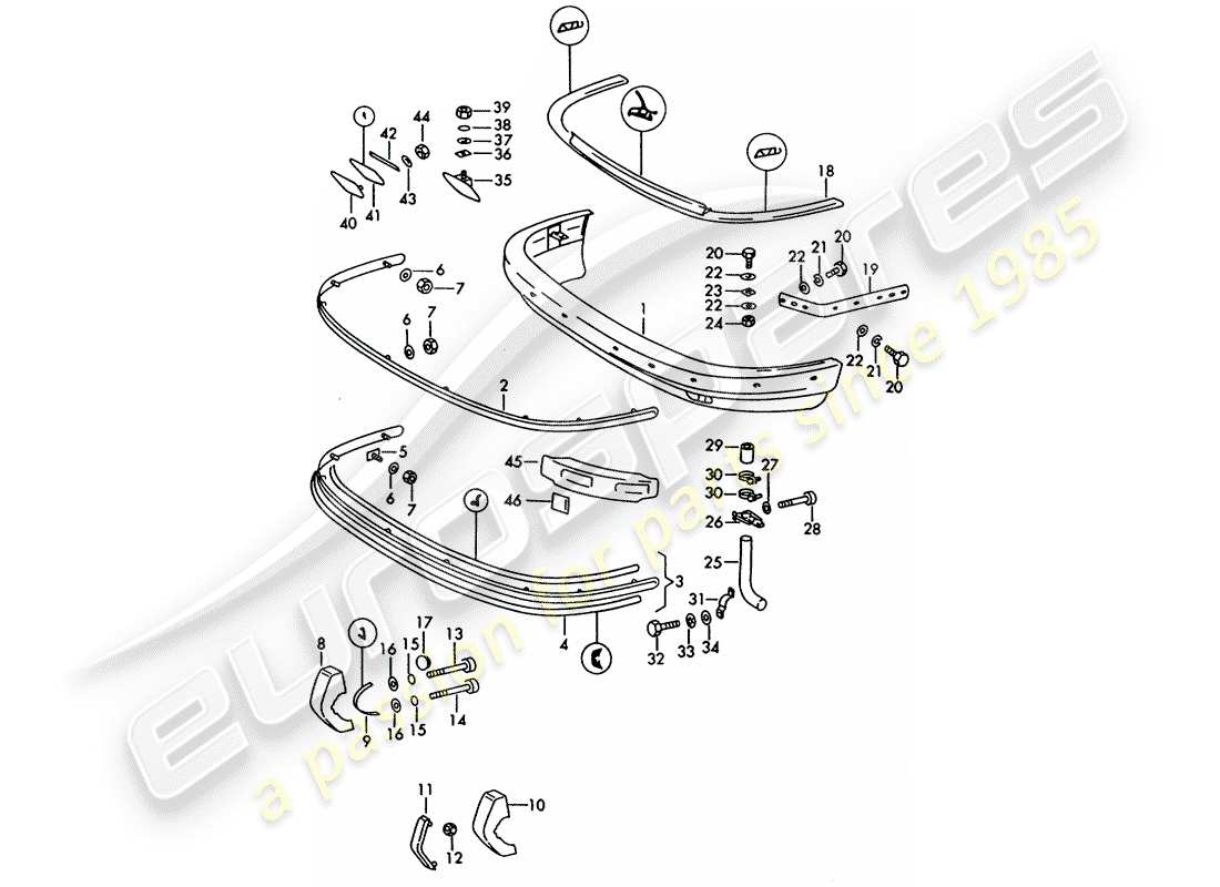 porsche 1966 (911/912) parachoques - d >> - mj 1968 diagrama de piezas