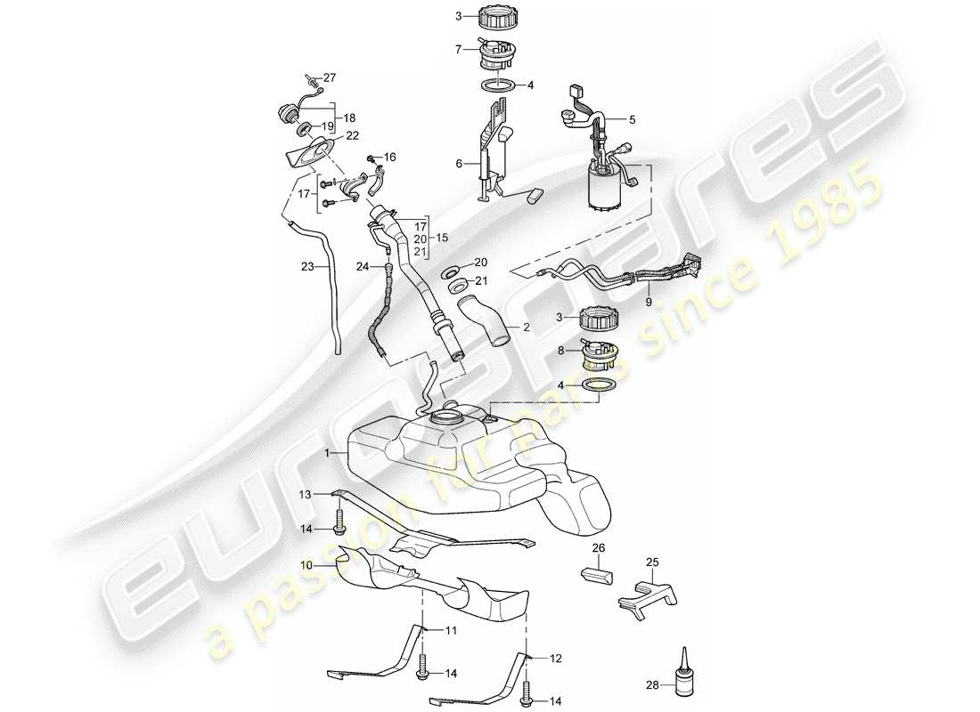 porsche 997 t/gt2 (2008) diagrama de piezas del tanque de combustible