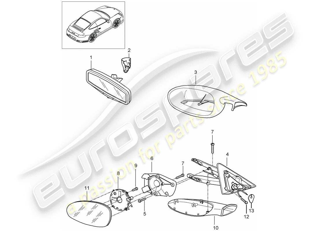 porsche 911 t/gt2rs (2012) espejo retrovisor interior diagrama de piezas
