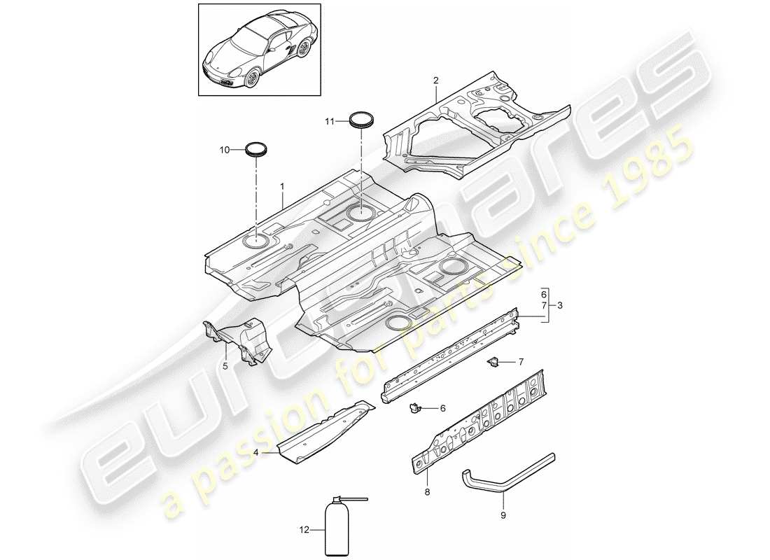 porsche 2012 (987 cayman) diagrama de piezas del piso