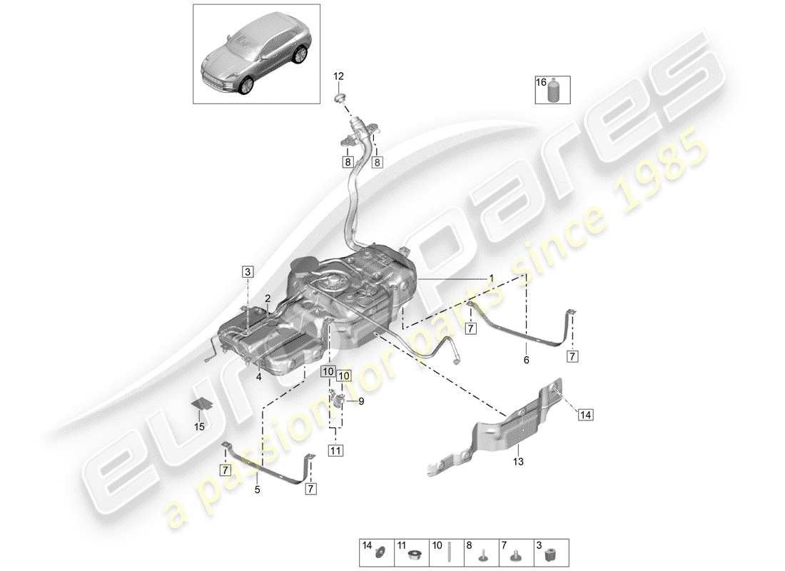 porsche 2020 (macan) tanque de combustible con diagrama de piezas