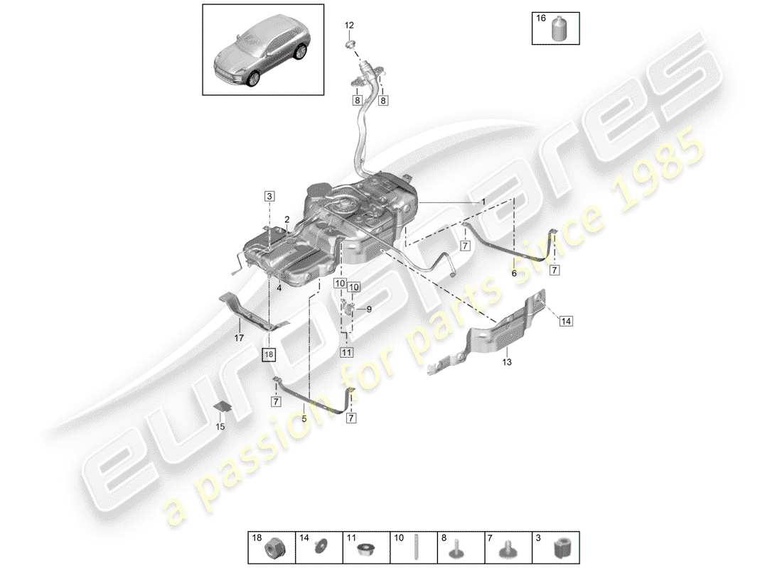 porsche 2019 (macan) tanque de combustible con diagrama de piezas