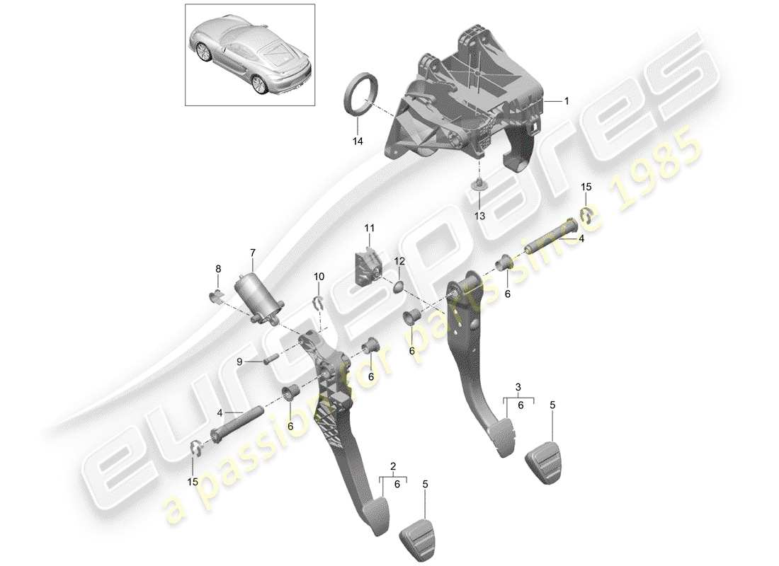 porsche 2016 (981 cayman gt4) diagrama de piezas de pedales