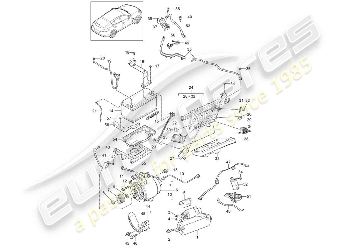 porsche 2012 (panamera 970) diagrama de piezas del distribuidor de potencial de la batería del alternador de arranque