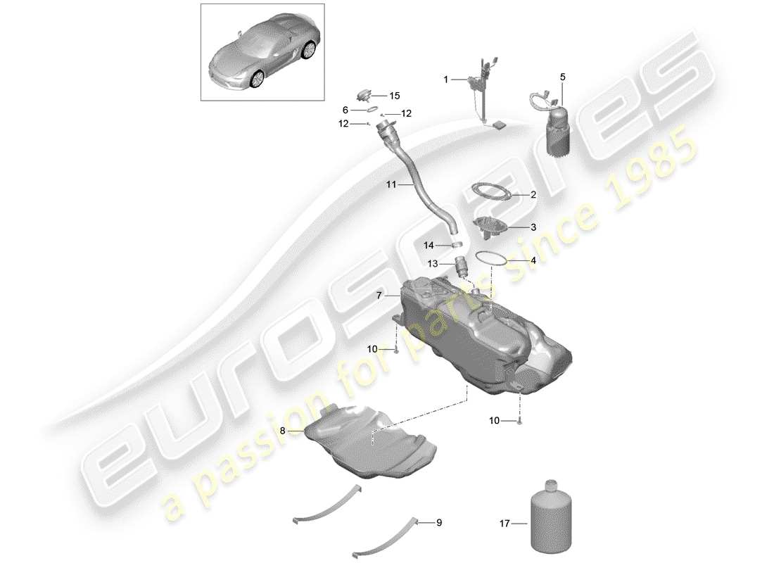 porsche 2016 (981 boxster spyder) depósito de combustible diagrama de piezas